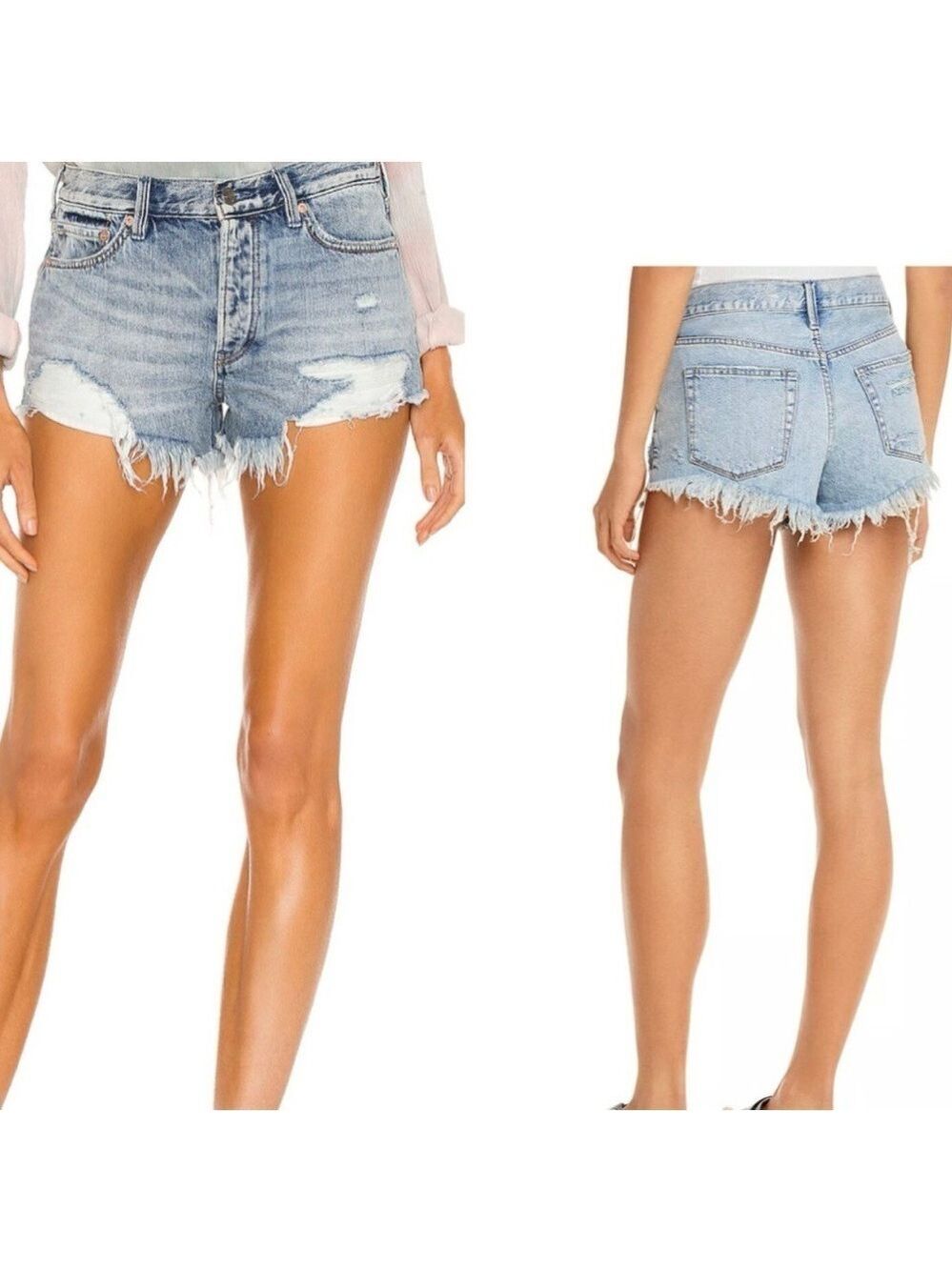 Free People We The Free Loving Good Vibrations Denim Frayed Denim Shorts Sz 28